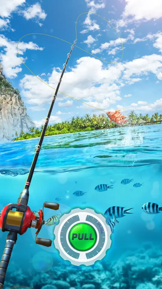 Fishing Rival 3D: vollständiger Screenshot mit Rute, roter Rolle und grüner Pull-Taste