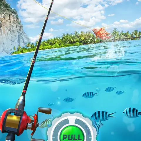 Fishing Rival 3D: Rute über der Wasserlinie, darunter ein Schwarm gestreifter Fische