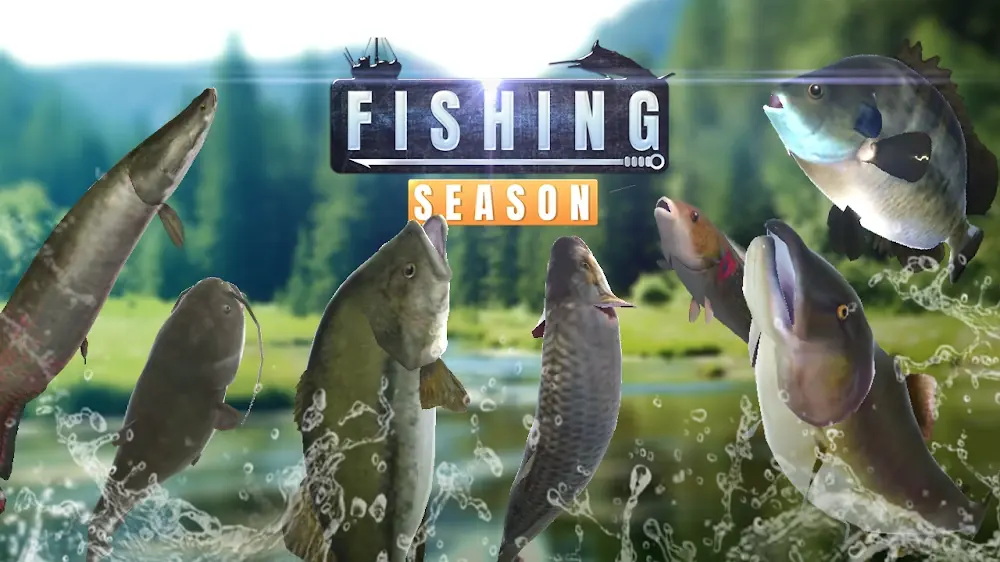 Fishing Season: Spiellogo über Hecht, Wels und Barschen, die aus dem Wasser springen