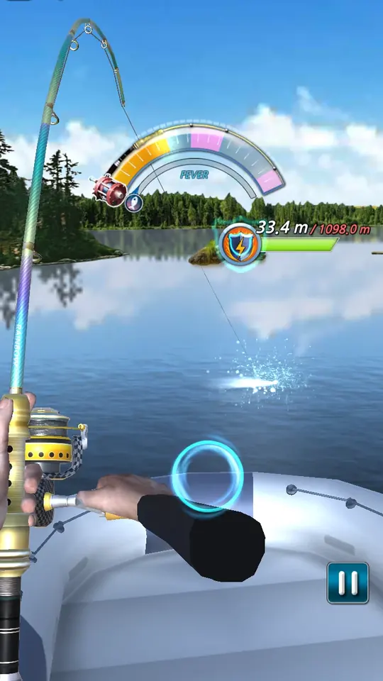 Fishing Season: Blick aus dem Boot mit gebogener Rute, Bogenskala und runder Taste