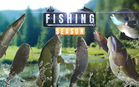 Fishing Season: Werbebild mit springenden Süßwasserfischen vor einem Waldsee