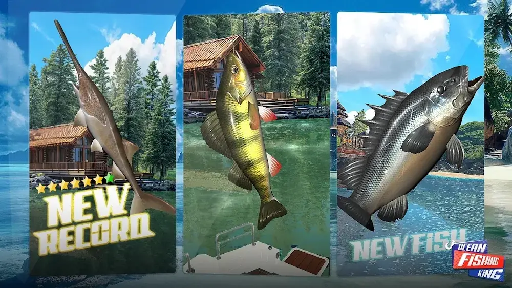 Ocean Fishing King: Werbebild mit Rekordmeldung und neu gefangenen Fischen vor einer Holzhütte