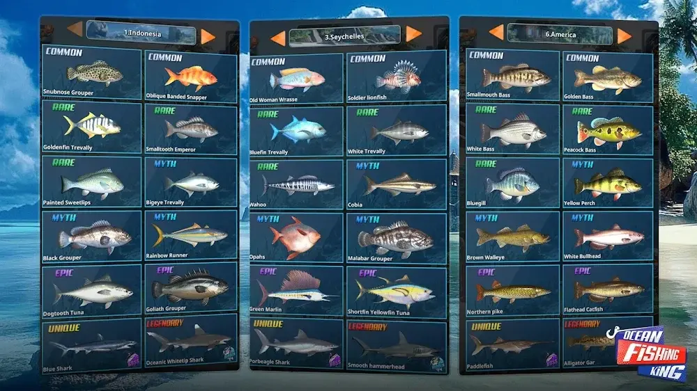 Ocean Fishing King: Fischkatalog in drei Spalten mit farbigen Seltenheitsstufen