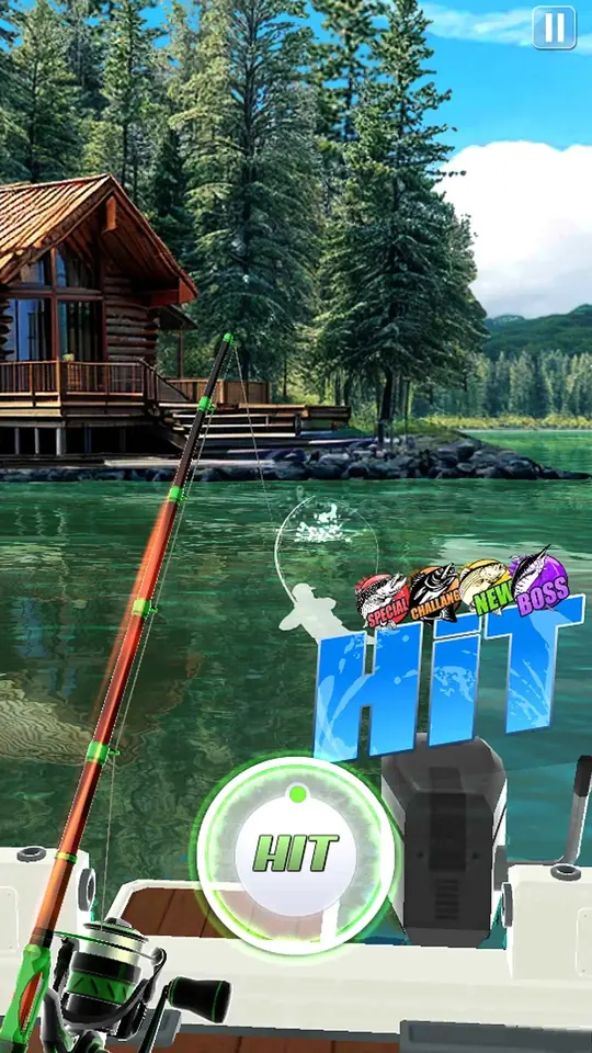 Ocean Fishing King: Bergsee mit Blockhaus, Schriftzug Hit und runder Taste
