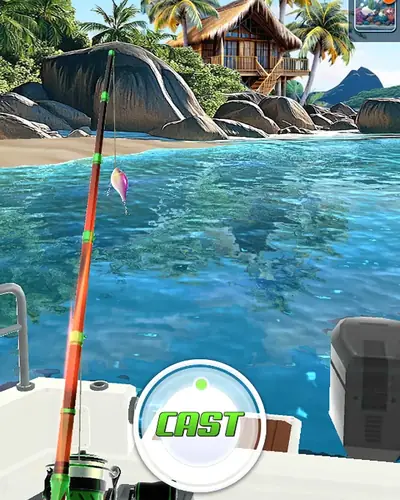 Ocean Fishing King: Rute am Bootsrand vor Palmenstrand mit runder Cast-Taste
